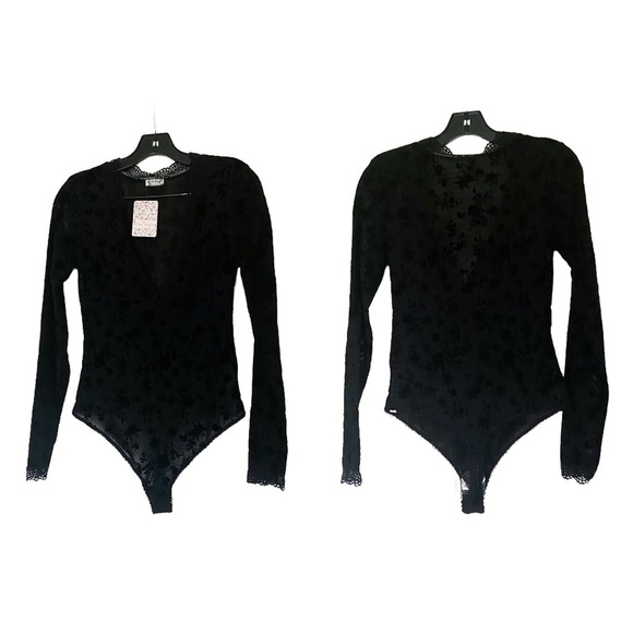 Free People Babes In Bandeaus Bodysuit Lace Sheer Velvet Floral Black L NWT - Picture 2 of 7